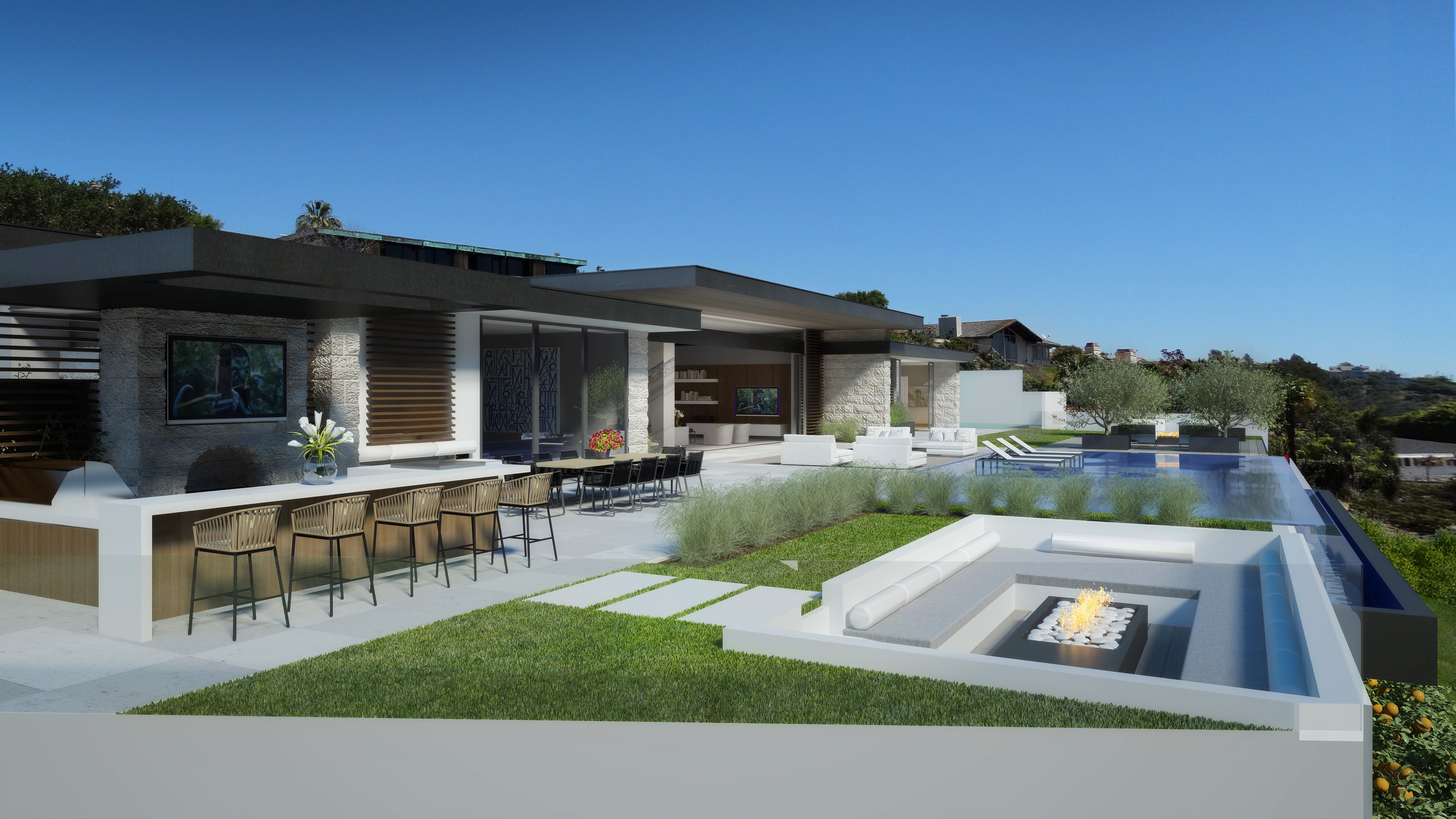 A rendering of a modern home with an outdoor fire pit.