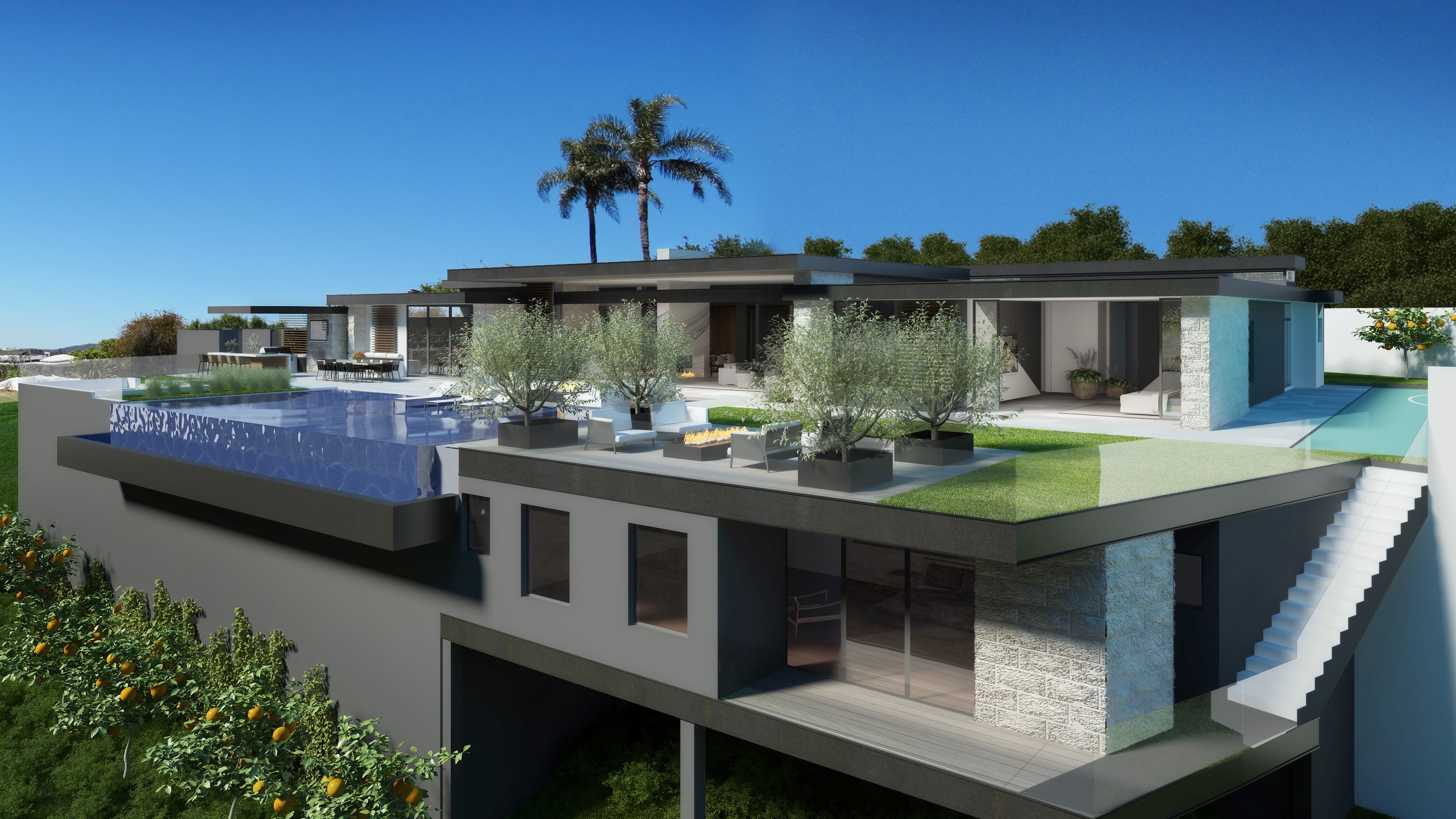 A 3d rendering of a modern home with a swimming pool.