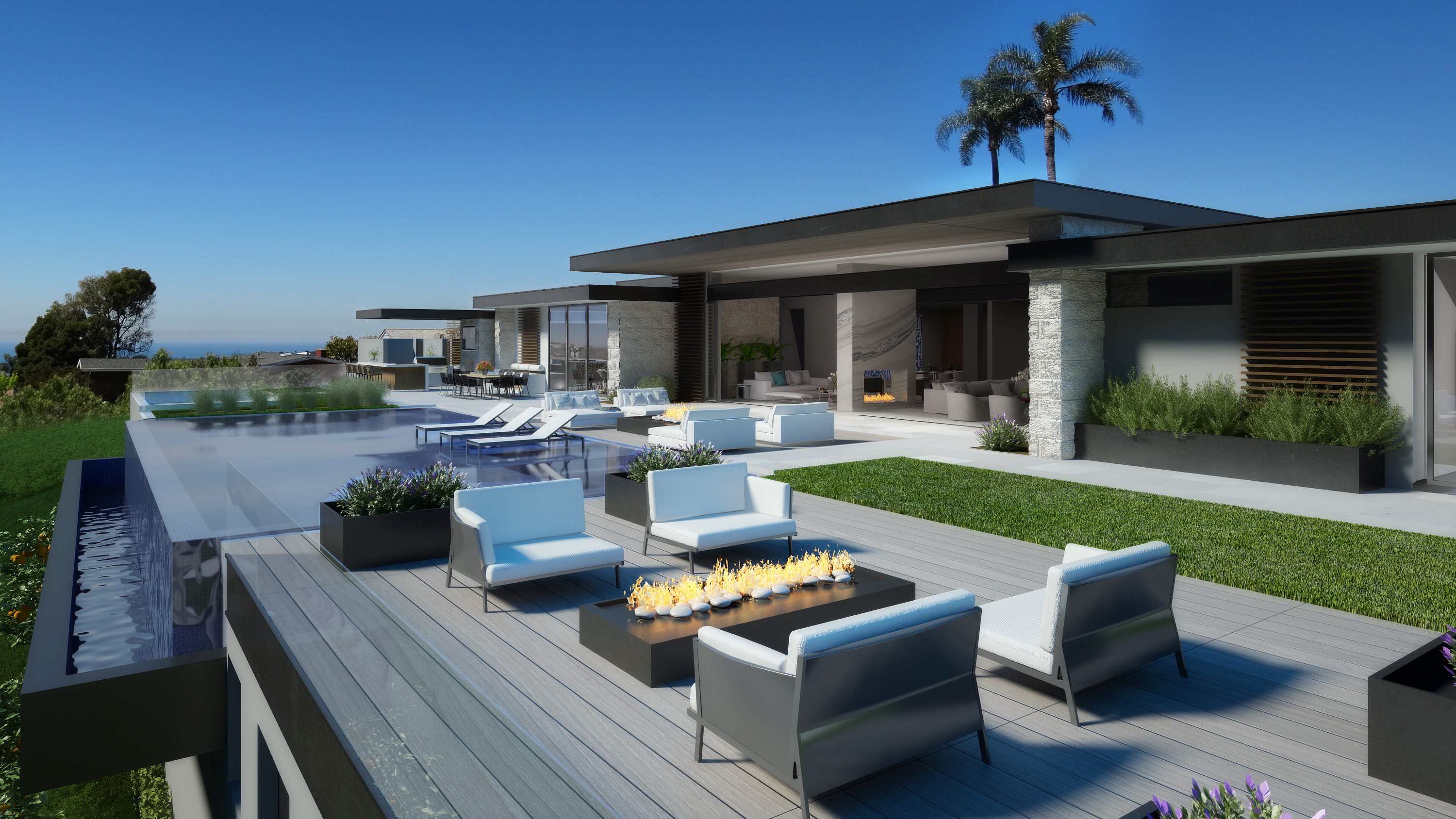 A 3d rendering of a modern home with a fire pit.