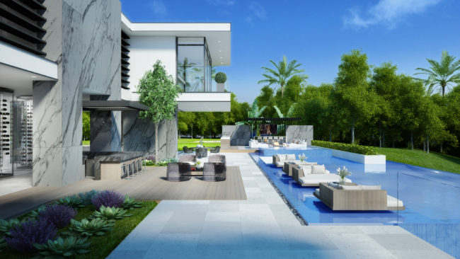 A rendering of a modern home with a swimming pool.