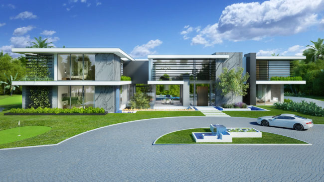 A 3d rendering of a modern house.