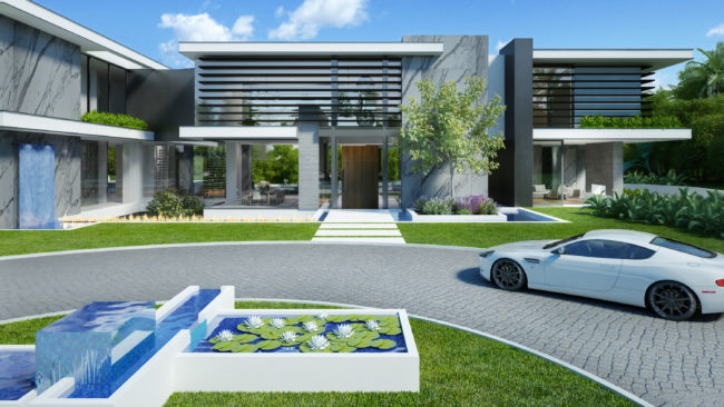A 3d rendering of a modern house with a car parked in front of it.