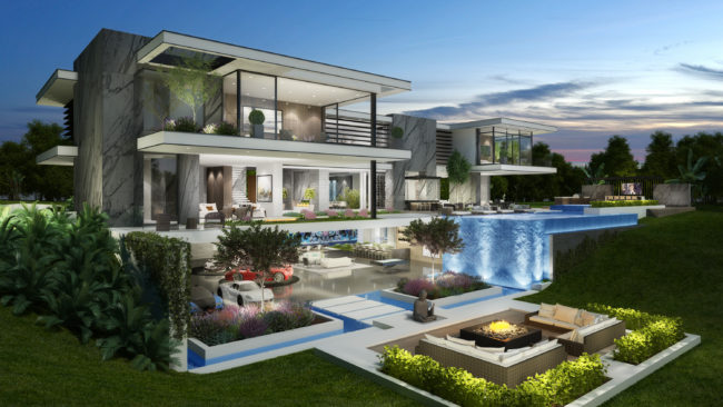 A 3d rendering of a modern home at dusk.