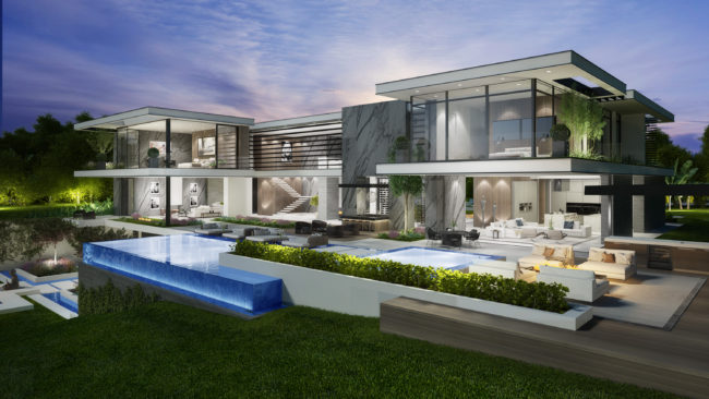 A 3d rendering of a modern home at dusk.