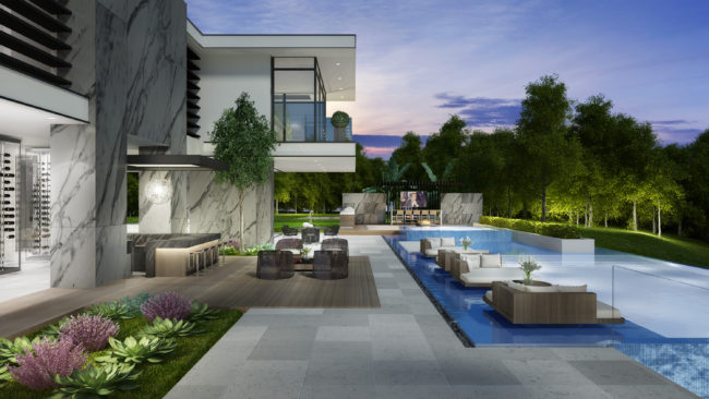 A 3d rendering of a luxury home with a pool.