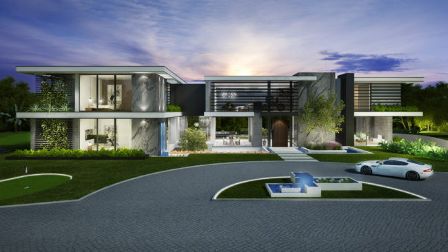 3d rendering of a modern house at dusk.