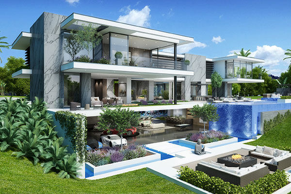 A 3d rendering of a modern house with a swimming pool.