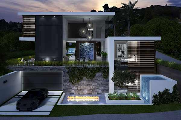 A 3d rendering of a modern house at dusk.