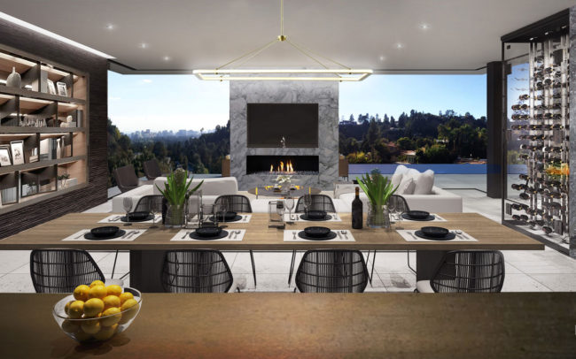 A rendering of a dining room with a fireplace.