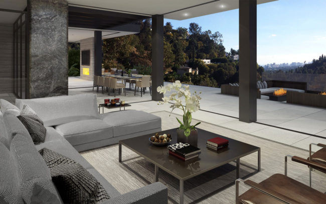 A modern living room with a view of the mountains.