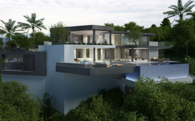 A 3d rendering of a modern house on a hillside.