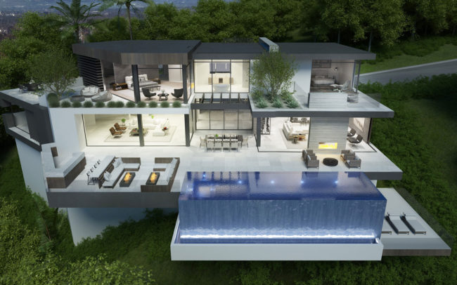 A 3d rendering of a modern home with a swimming pool.