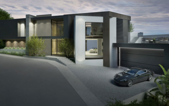 A modern house with a car parked in front of it.
