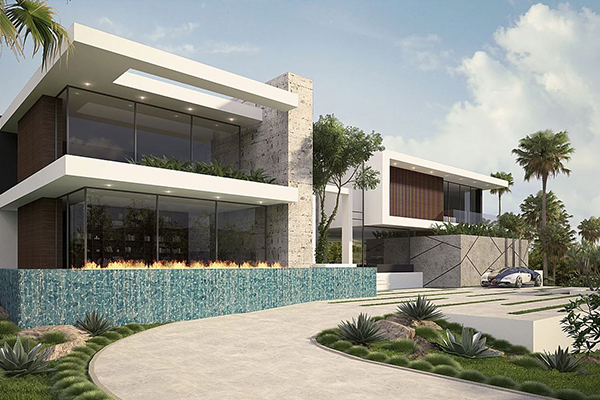 A 3d rendering of a modern house in california.