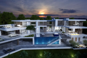 A 3d rendering of a modern house at dusk.