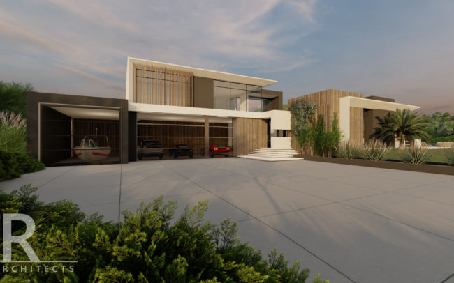 A rendering of the front entrance to a modern house.