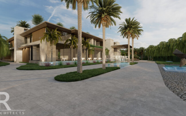 A rendering of the exterior of a resort.