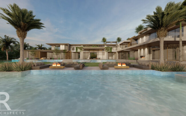 A rendering of the pool and fire pits.