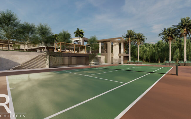 A tennis court with palm trees and a house in the background.