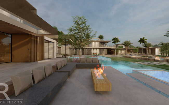 A rendering of an outdoor living area with fire pit.
