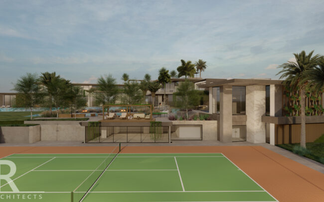 A tennis court with a view of the outside.