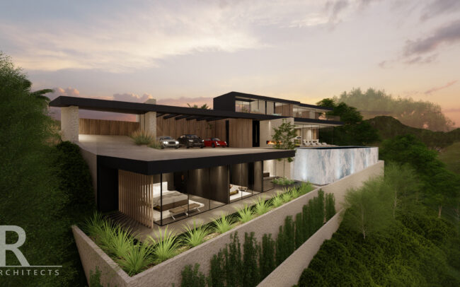 A rendering of the exterior of a modern house.