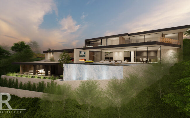 A rendering of the exterior of a modern house.