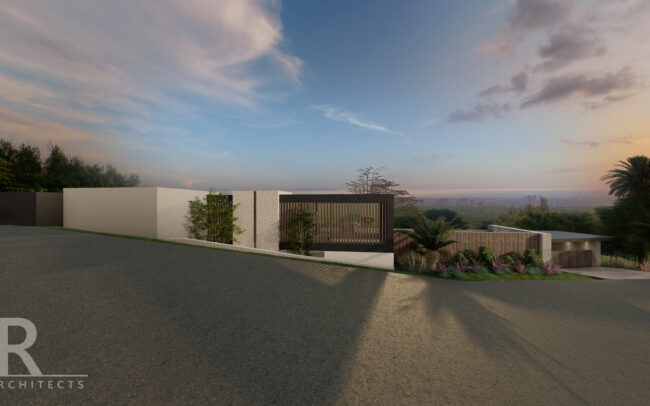 A rendering of the front yard and driveway.