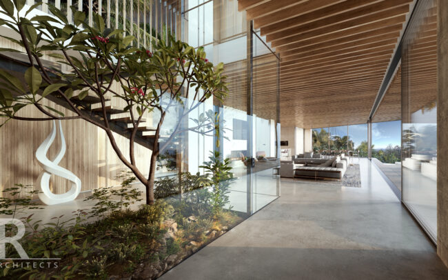 A living room with glass walls and plants