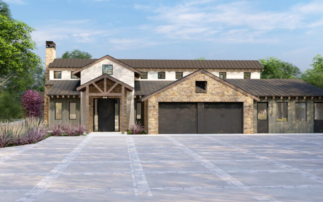 A large house with two garage doors and a driveway.