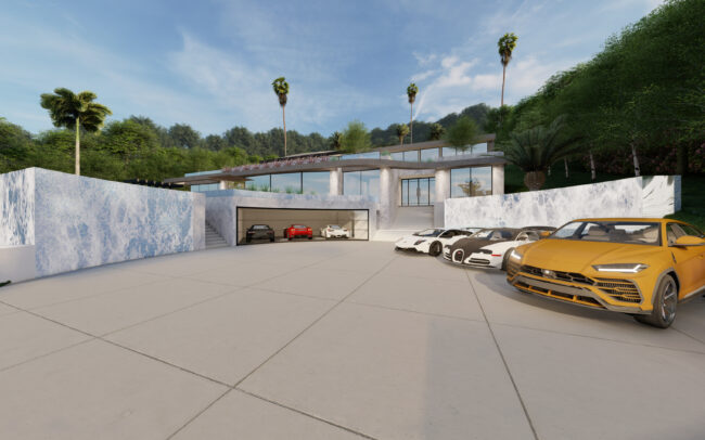 A rendering of the driveway and garage area.