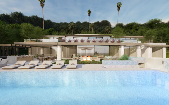 A rendering of the pool and fire pit area.