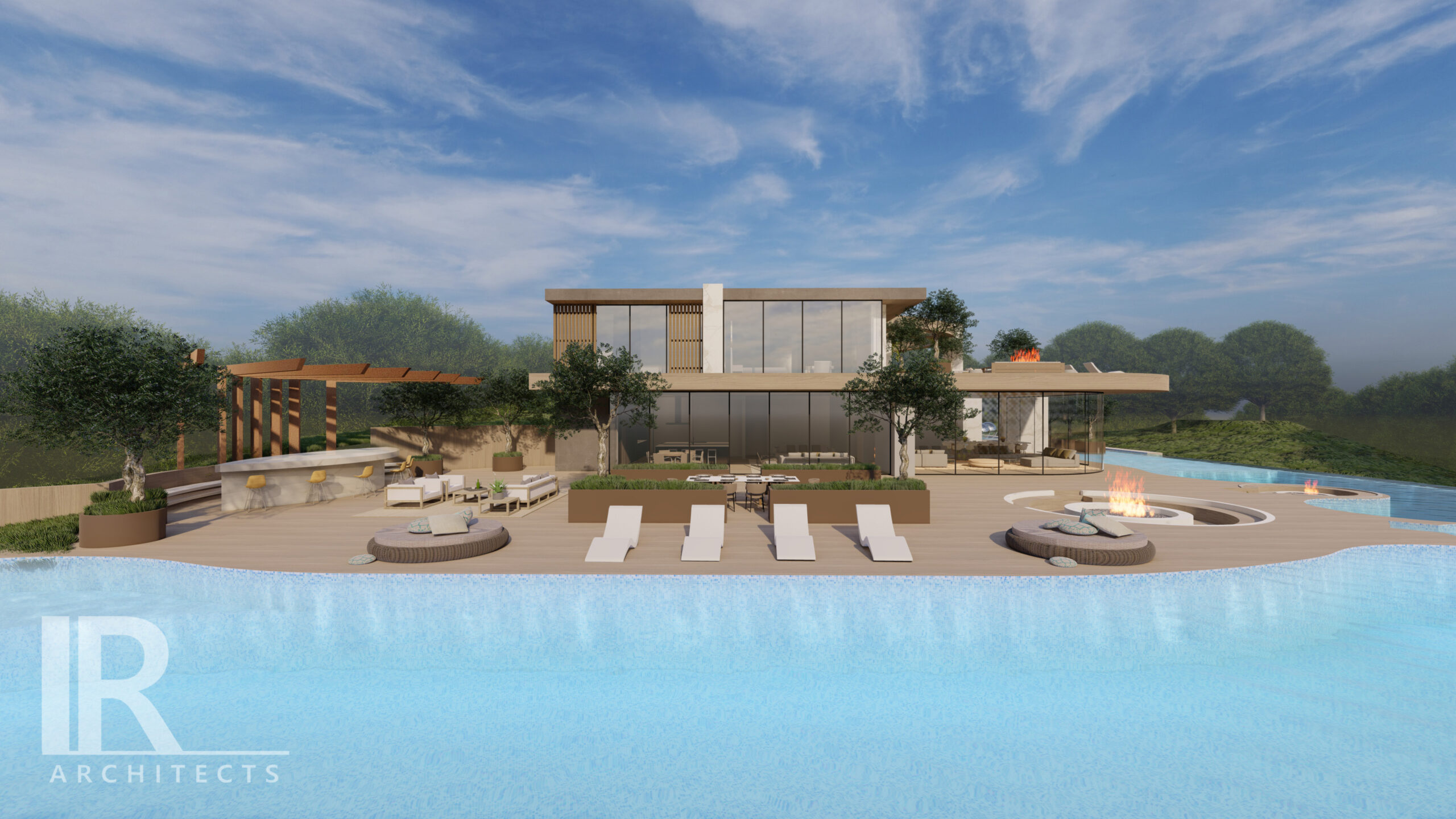 A rendering of the pool and lounge chairs in front of a house.
