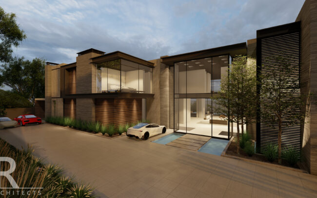 A rendering of the front entrance to a modern home.