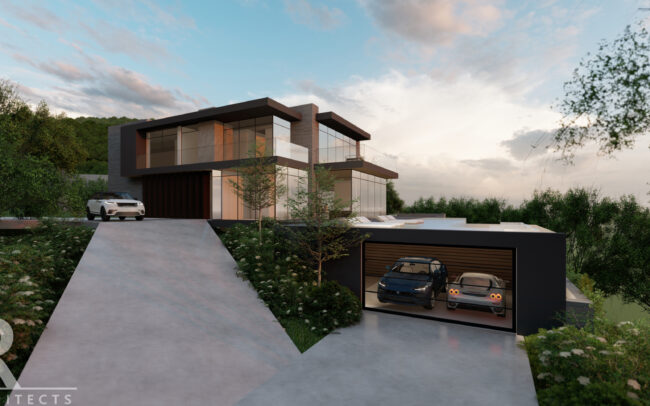 A rendering of a house with a garage.