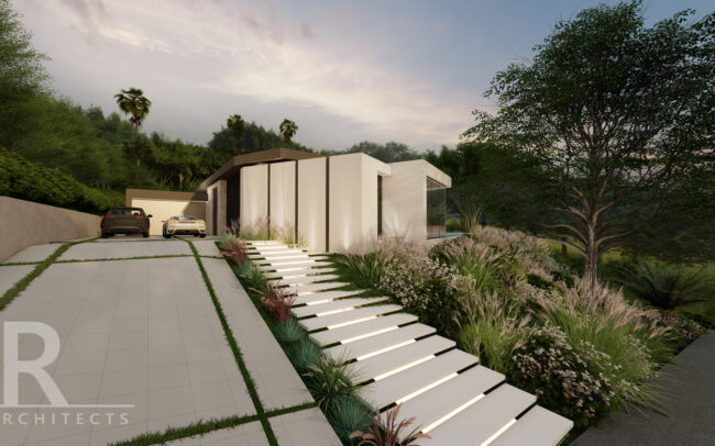 A rendering of the driveway and walkway to the house.