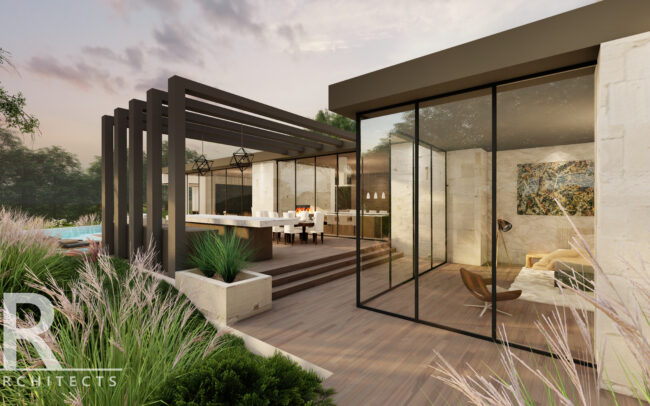 A rendering of an outdoor living space with glass walls.
