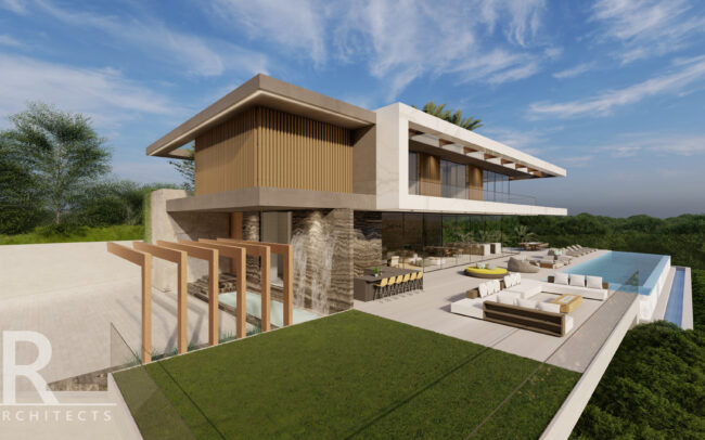 A rendering of the back patio and outdoor living area.