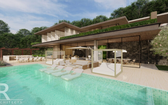 A rendering of the pool and patio area.