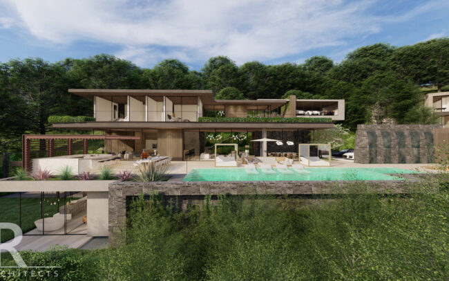 A rendering of the exterior of a house with pool.
