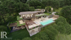 A rendering of the house with a pool and patio.