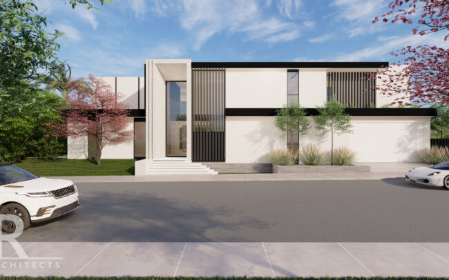 A rendering of the front entrance to a modern house.
