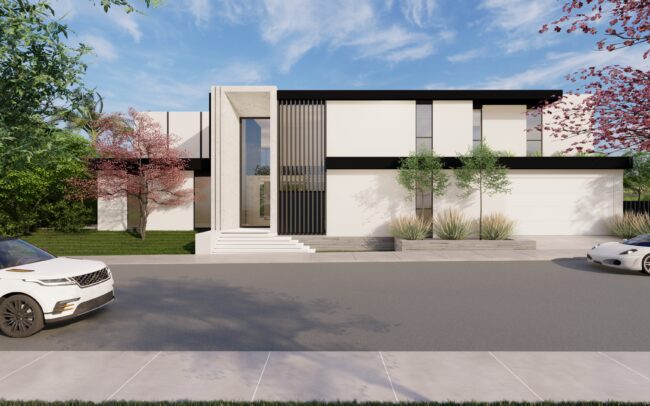 A rendering of the front entrance to a modern house.