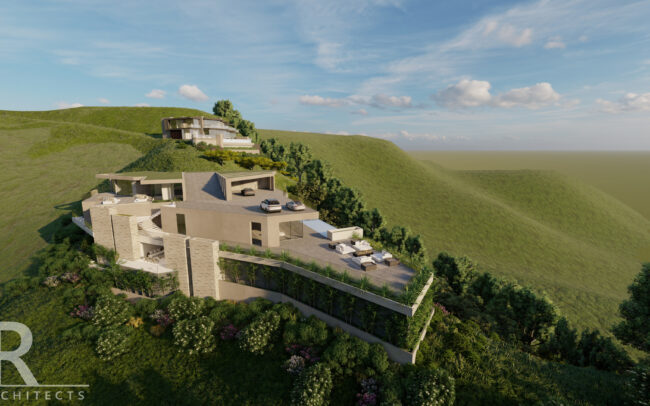 A rendering of the exterior of a house on top of a hill.