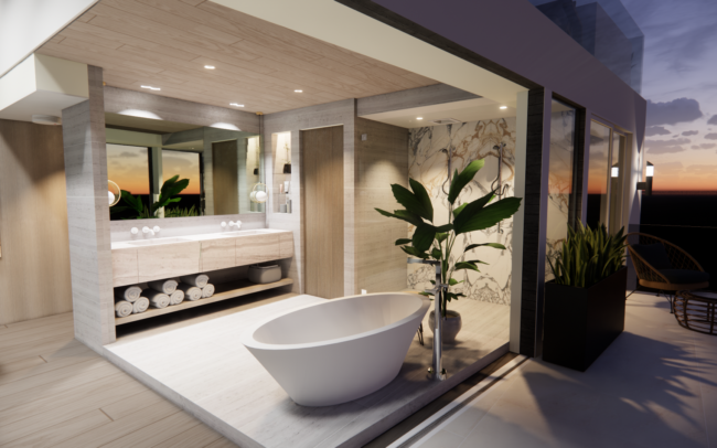 A bathroom with a large tub and plants in the corner.