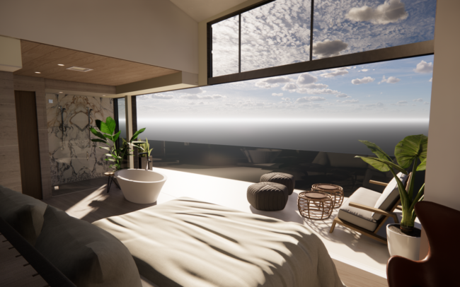 A bedroom with a view of the ocean.