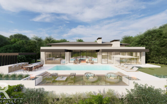 A rendering of the pool area with a view of the backyard.