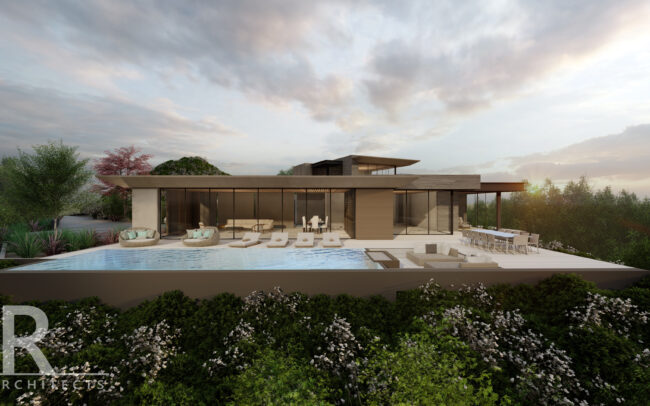 A rendering of the exterior of a house with a pool.