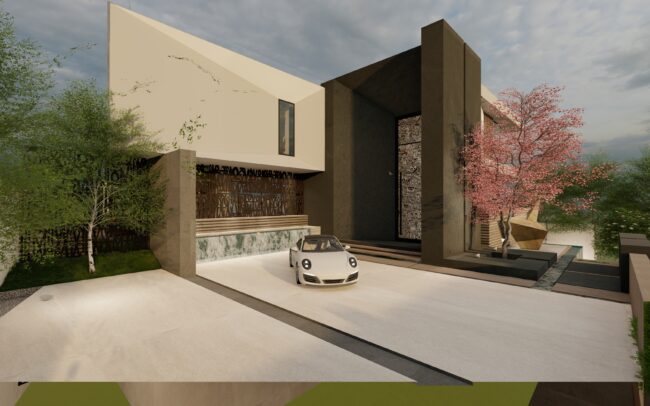 A rendering of the front entrance to a house.