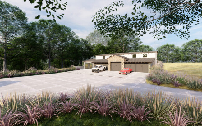 A rendering of the front yard and garage.